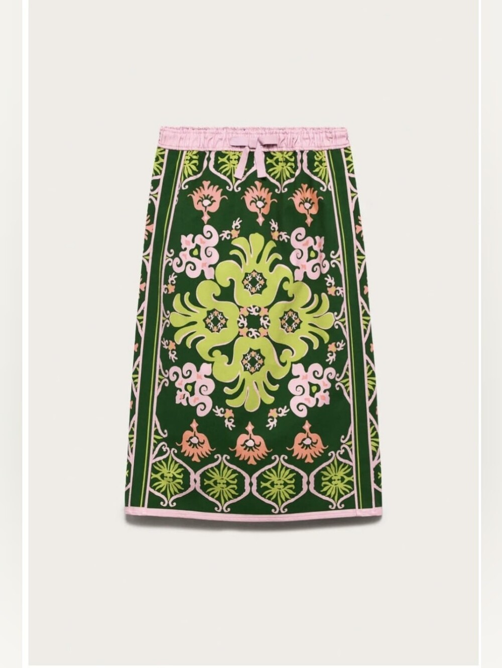 Zara VIRAL SOLD OUT Green Floral Medallion Midi Skirt with Pink Trim - Picture 4 of 7